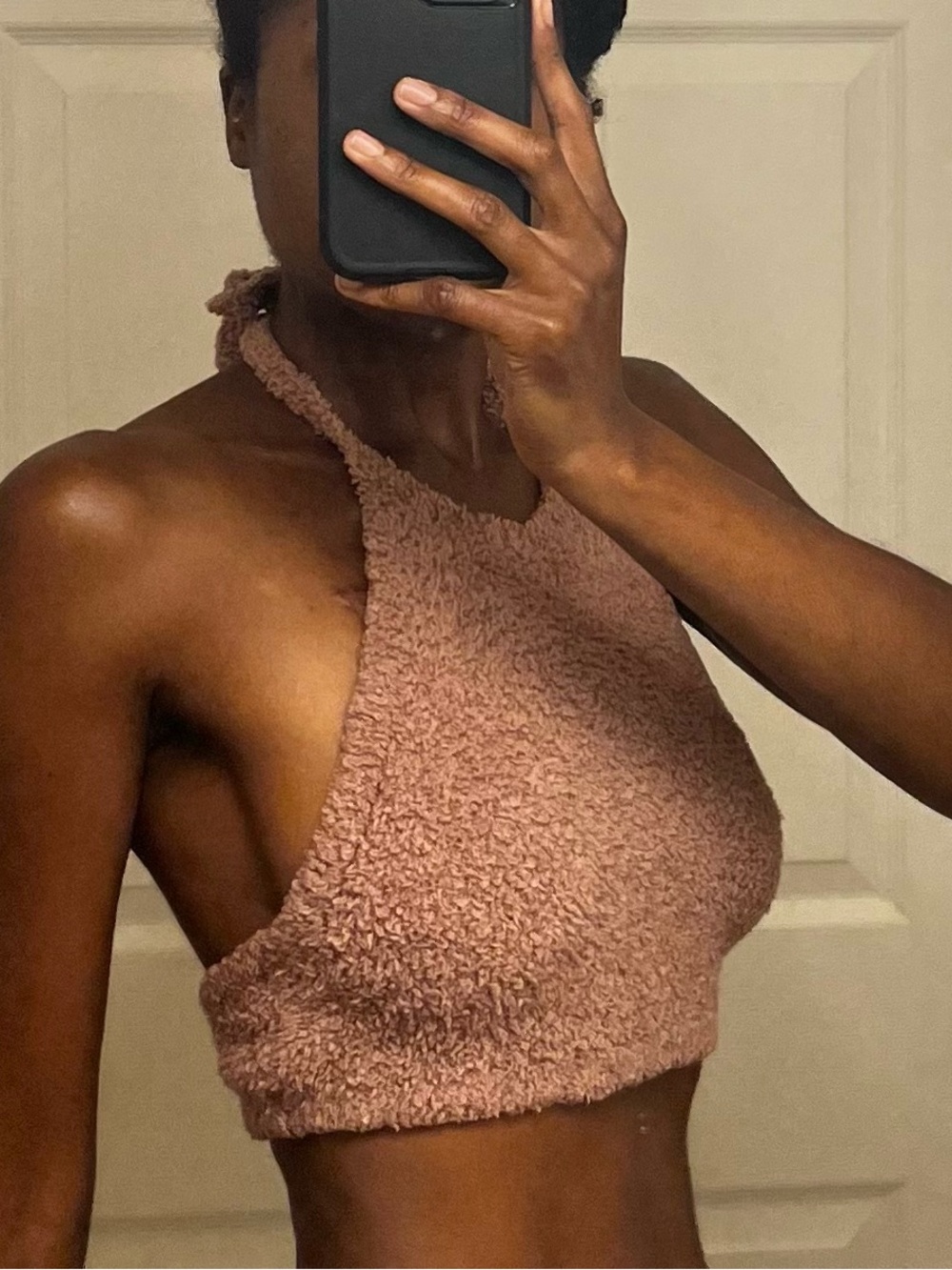 SKIMS Fuzzy Knit Halter Top Peach Small Soft Cozy Stretch